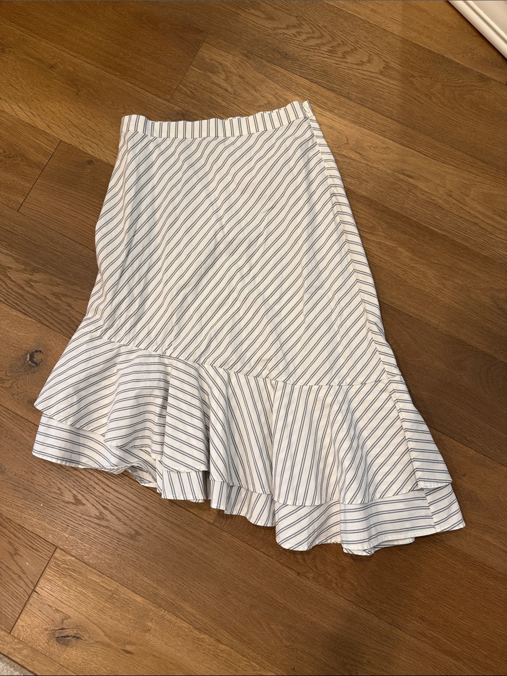 Joie White with Navy Pinstripe Asymmetrical Ruffle Hem Skirt